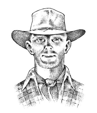 Kovboy yüzünü kapat. Şerif şapkalı. Batı rodeo simgesi, Texas Ranger, vahşi batı, Country tarzı. Vintage hakketmek el çizilmiş kroki.