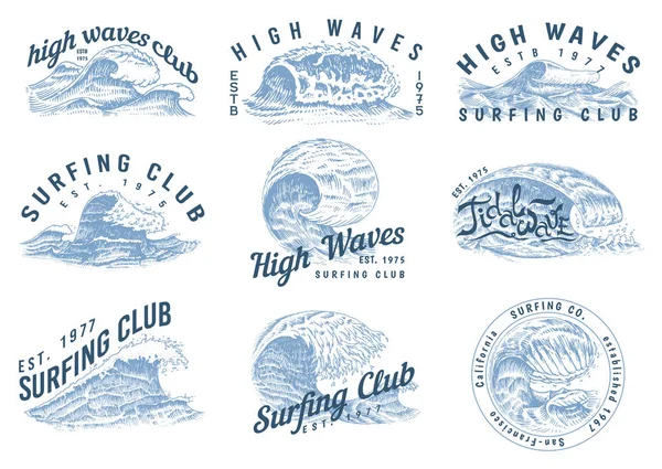 Wave etiketten, logo's. Atlantic tide sjablonen set. Vintage oude gegraveerd hand getrokken. Mariene en nautische of de zee, de oceaan achtergrond voor spandoek of poster. verzameling van geïsoleerde vectorillustratie. — Stockvector