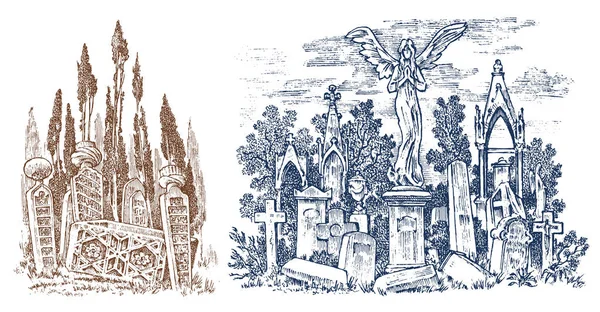 Винтажный пейзаж кладбища с ангелом на фоне леса. Удивительное страшное место. Мистический пейзаж для карт, баннеров и вебсайта Винтажные выгравированные вручную монохромные эскизы . — стоковый вектор