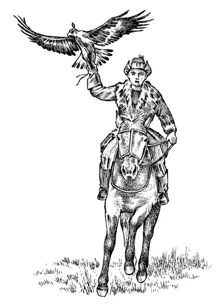 Uomo kazako in costume nazionale a cavallo con un'aquila. Vintage inciso a mano disegnato disegno monocromatico . — Vettoriale Stock