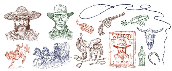 Un grupo de vaqueros. Iconos occidentales, equipos de Texas Ranger. El salvaje oeste. retrato de un hombre criminal, sheriff y silla de montar, cráneo de un toro, látigo y trampa revólver. Vintage grabado boceto dibujado a mano . — Vector de stock