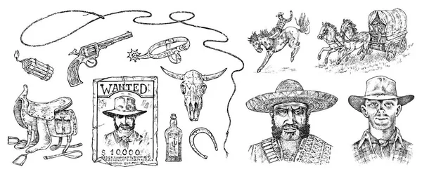 Um conjunto de cowboys. Ícones ocidentais, equipamentos Texas Ranger. Wild West. Vintage Gravado mão desenhada esboço. Retrato de um homem criminoso, xerife e sela, crânio de um touro, chicote e armadilha de revólver . —  Vetores de Stock
