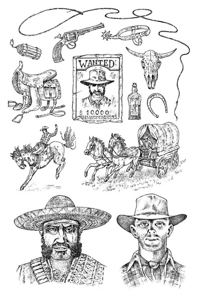 Sekumpulan koboi. Ikon barat, peralatan Texas Ranger. Wild West. Vintage Sketsa ukiran tangan. Potret seorang penjahat, sheriff dan pelana, tengkorak banteng, cambuk dan perangkap revolver . - Stok Vektor