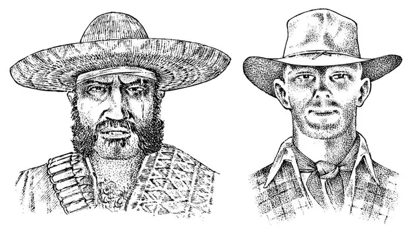 Cowboy wajah dekat. Sheriff dan pria Meksiko dengan topi sombrero. Ikon rodeo Barat, Texas Ranger, Wild West, gaya Country. Vintage Sketsa gambar tangan yang digambar . - Stok Vektor