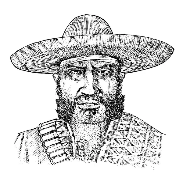 Cara de cowboy de perto. Homem mexicano. Xerife de chapéu de sombrero. Ícone de rodeio ocidental, Texas Ranger, Velho Oeste, Estilo Country. Vintage gravado mão desenhada esboço . — Vetor de Stock