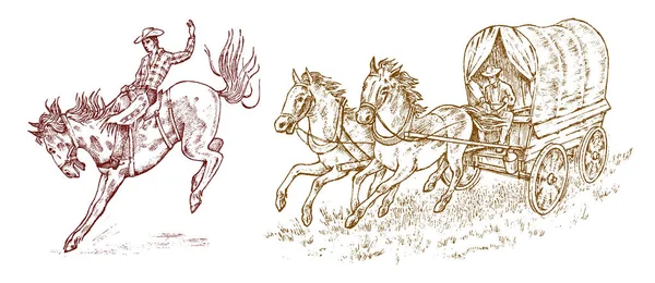 Vaqueros en el vagón. Arnés de caballo vintage o carro del sheriff. Icono del rodeo occidental, Texas Ranger, Sheriff con sombrero. Wild West, al estilo Country. Dibujo grabado a mano . — Archivo Imágenes Vectoriales