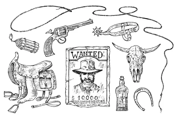 Set of cowboys. Western icons, Texas Rangers. Wild West. Portrait of a criminal man, sheriff and saddle, skull of a bull, whip revolver trap. Vintage Engraved hand drawn sketch. — Stock Vector