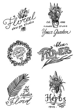 Çiçek dükkanı amblem ve logo. Vintage buket. Bahçe işaret ve retro etiket. El rozetleri çekilmiş. Çiçek şablonları.