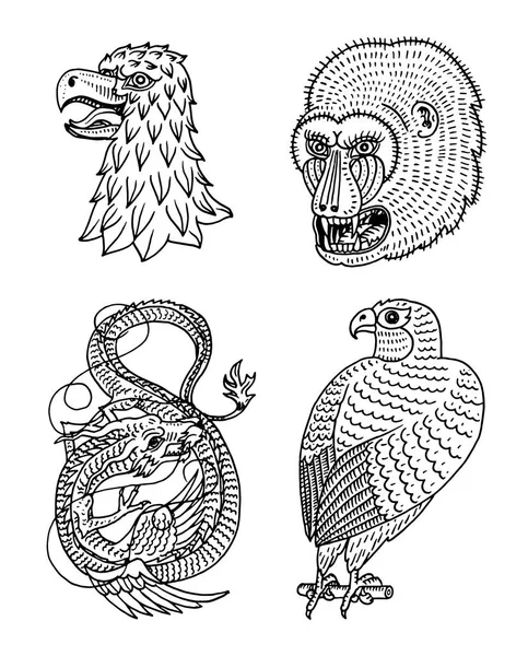 Chef des prédateurs d'animaux sauvages. Eagle Falcon Monkey Face et Chinese Dragon. Portraits de style japonais. Croquis ancien monochrome gravé à la main pour logos rétro . — Image vectorielle