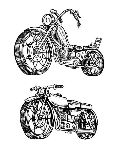 Motocicletas vintage. Colección de bicicletas. Transporte de motociclistas extremos. Estilo antiguo retro. Dibujado a mano grabado monocromo boceto . — Vector de stock