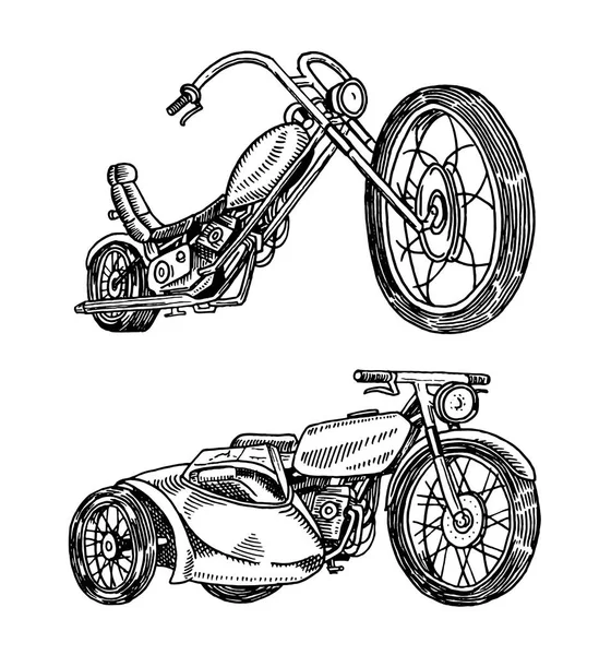 Oldtimer Motorräder. Fahrradkollektion. Extremer Radtransport. Retro alten Stil. Handgezeichnete gestochene monochrome Skizze. — Stockvektor