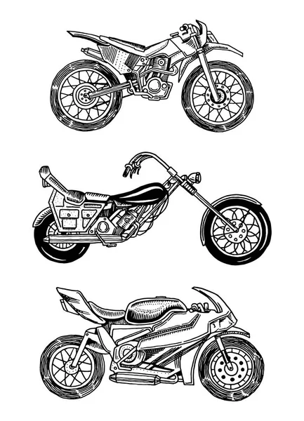 Oldtimer Motorräder. Fahrradkollektion. Extremer Radtransport. Retro alten Stil. Handgezeichnete gestochene monochrome Skizze. — Stockvektor