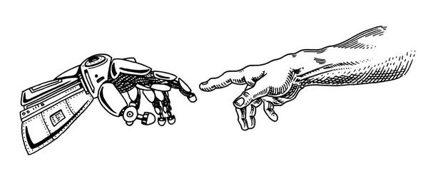 Toca la mano. Androide y humano. Banner de inteligencia artificial. Cartel del brazo biónico. Tecnología del futuro. Vintage grabado dibujado monocromo boceto . — Vector de stock