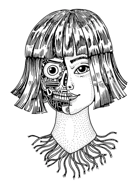 Concepto de inteligencia artificial. Una mujer con la mitad del rostro de un robot. Replicante o Android. Tecnología Futura dibujada a mano. Vintage grabado monocromo boceto . — Vector de stock