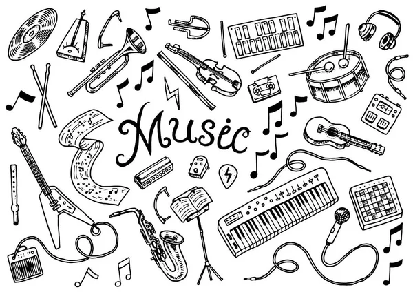 Set of musical symbols and icons. Guitar Drums Piano, creative tools and hobbies. Vintage outline sketch for web banners. Education concept. Back to school background. Hand drawn Doodle style. — Stock Vector