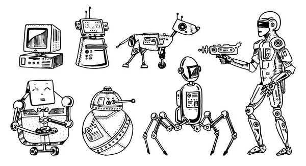 Roboty i ewolucja technologii. Etapy rozwoju androidy. Koncepcja sztucznej inteligencji. Ręcznie rysowane technologii przyszłości. Vintage grawerowane monochromatyczne szkicu. — Wektor stockowy