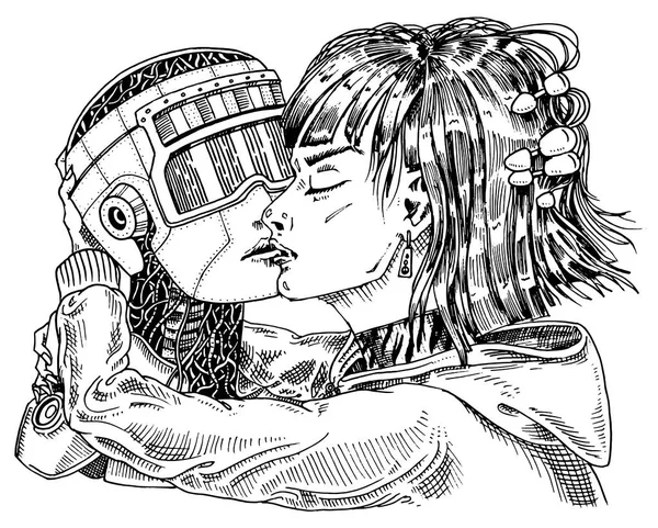 Artificial intelligence concept. Robot and man, Woman and man kiss. Concept love couple. Replicant or Android. Hand drawn Future technology. Vintage Engraved Monochrome Sketch. — Stock Vector