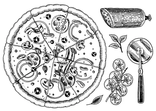 Peynirli pizza yiyelim. nefis İtalyan Vejetaryen yemek domates, zeytin ve patlıcan. Restoran menü etiketi. Elle çizilmiş şablonu. Vintage kroki tarzı. — Stok Vektör