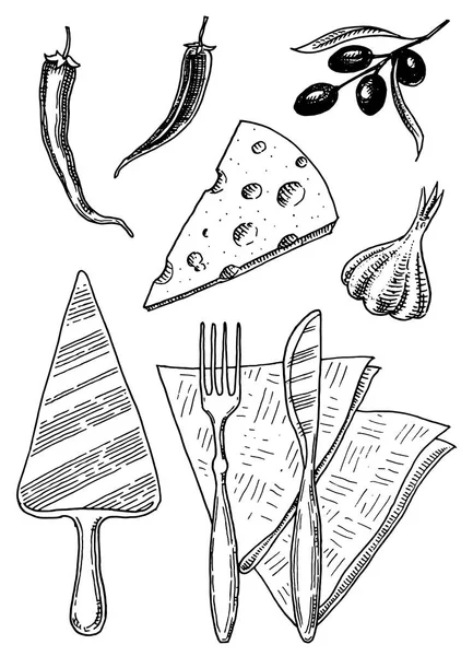 Conjunto de pizza e ingredientes para cozinhar. Spatula guardanapos alho azeitonas Pimenta. Modelo desenhado à mão para menu de restaurante. Desenho vintage estilo Doodle . — Vetor de Stock