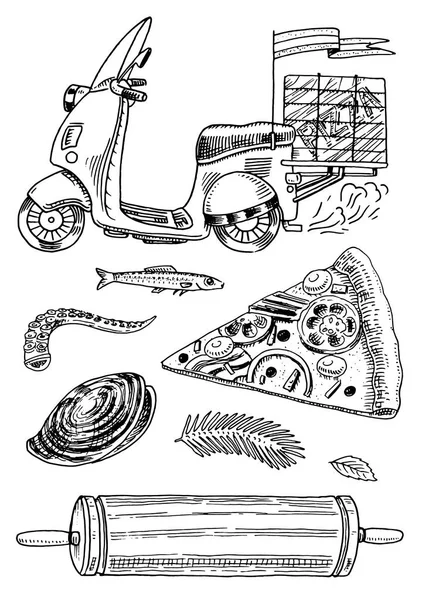 Conjunto de entrega de pizza e ingredientes para cozinhar. Scooter Motocicleta ou transporte, Rolling pin Seafood. Modelo desenhado à mão para menu de restaurante. Desenho vintage estilo Doodle . — Vetor de Stock