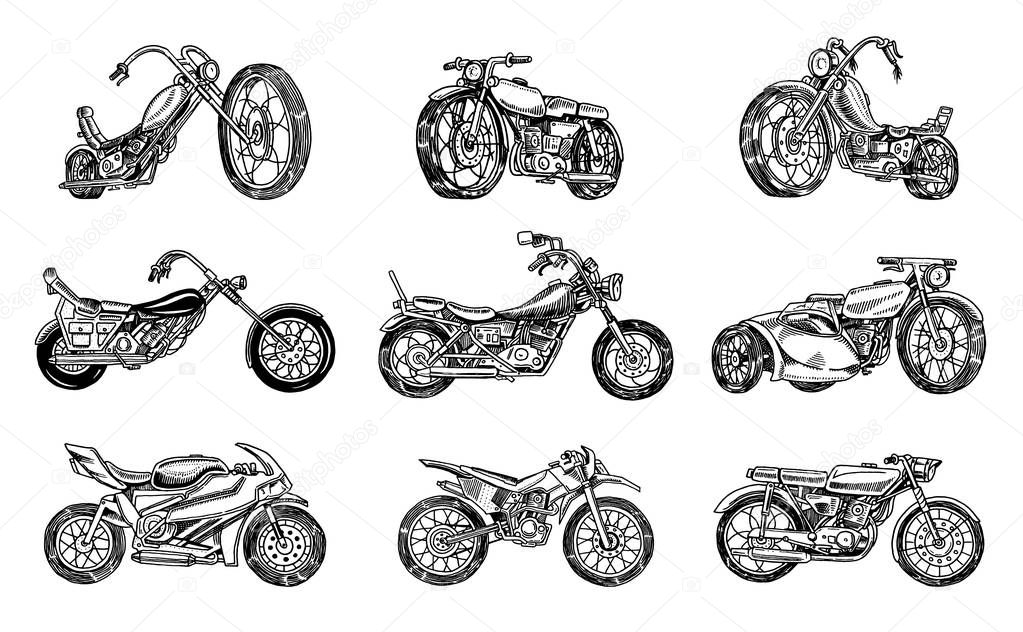 Set of Vintage motorcycles. Collection of bicycles. Extreme Biker Transport. Retro Old Style. Hand drawn Engraved Monochrome Sketch