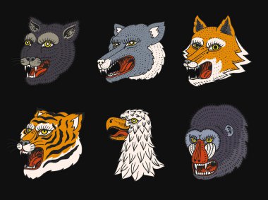 Vahşi hayvan Predator Başkanı. Puma kurt Fox kaplan kartal şahin maymun surat. Japon tarzı portreler. El işlemeli siyah beyaz eski kroki için retro logolar çekilmiş. Yakın çekim.