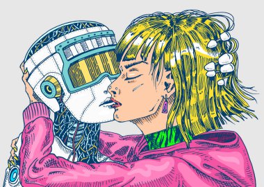 Yapay zeka kavramı. Robot ve adam, kadın ve erkek öp. Kavram aşk çift. Kopya ya da Android. El gelecek teknoloji çekilmiş. Vintage tek renkli kroki kazınmış.