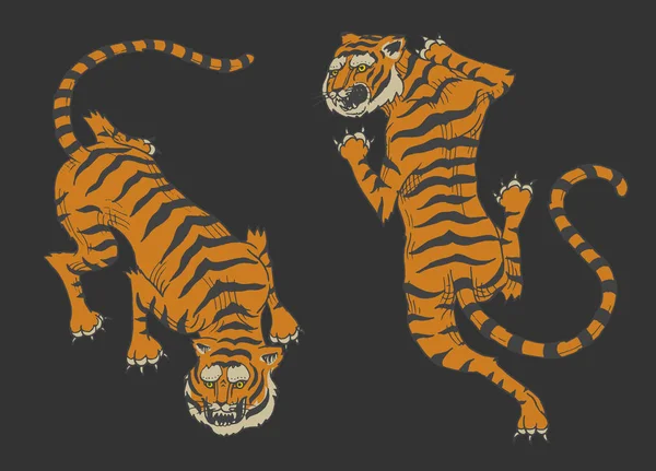 Tigres asiáticos em estilo japonês vintage para o logotipo. Animais selvagens gatos. Predadores da selva. Desenho à mão gravado Monocromático Esboço antigo para t-shirt de tatuagem ou site . —  Vetores de Stock