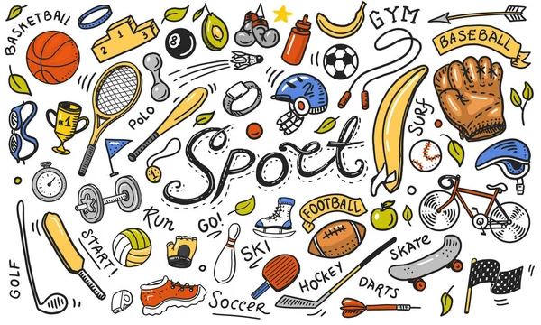 Zestaw ikon sportu doodle stylu. Sprzęt do fitness i szkolenia. Symbole dotyczące zdrowia i aktywności. Tenis i piłka nożna, koszykówka. Gry na siłowni i wychowania fizycznego. Tło dla witryny sieci web. — Wektor stockowy