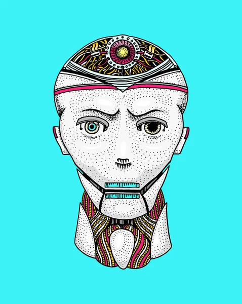 Concepto de inteligencia artificial. Un hombre con la mitad del rostro de un robot. Replicante o Android. Tecnología Futura dibujada a mano. Vintage grabado monocromo boceto .. — Vector de stock