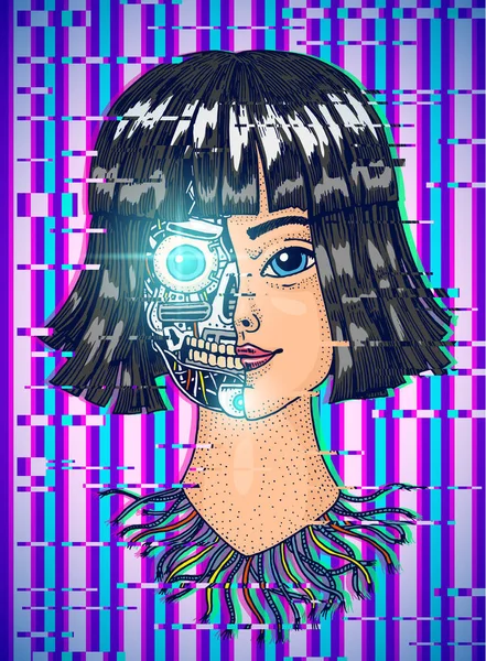 Il concetto di intelligenza artificiale. Una donna con meta 'della faccia di un robot. Replicante o Android. Sfondo difettoso. Tecnologia Future disegnata a mano. Disegno monocromatico inciso vintage . — Vettoriale Stock