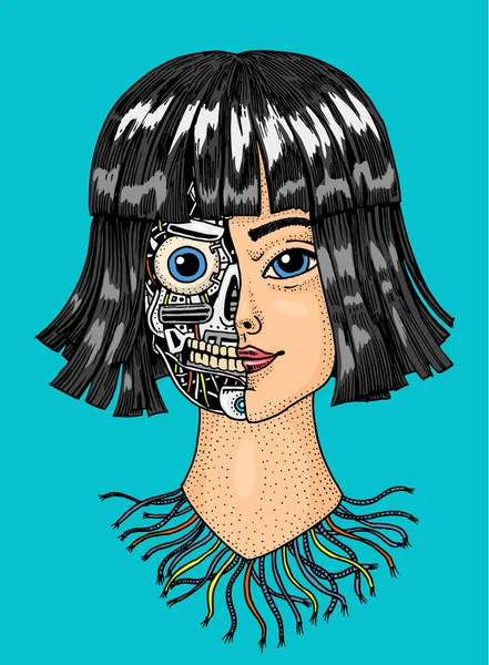 Concepto de inteligencia artificial. Una mujer con la mitad del rostro de un robot. Replicante o Android. Tecnología Futura dibujada a mano. Vintage grabado monocromo boceto . — Vector de stock