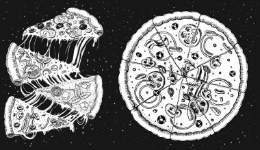 Peynirli pizza kümesi. Nefis İtalyan Vejetaryen yemek domates, deniz ürünleri ve zeytin. Yemek pişirmek için malzemeler ve motosiklet'dır. Restoran menü için kroki. Vintage tarzı el çekilmiş.