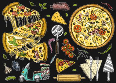 Peynirli pizza kümesi. Nefis İtalyan Vejetaryen yemek domates, deniz ürünleri ve zeytin. Yemek pişirmek için malzemeler ve motosiklet'dır. Restoran menü için kroki. Vintage tarzı el çekilmiş.