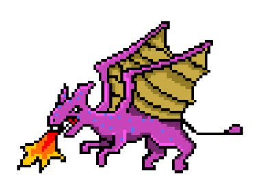 Piksel ejderha, sanat 8 bit eşyaları. Retro oyun varlıklar. Simgeler kümesi. Vintage bilgisayar video pasajlar. vektör çizim.