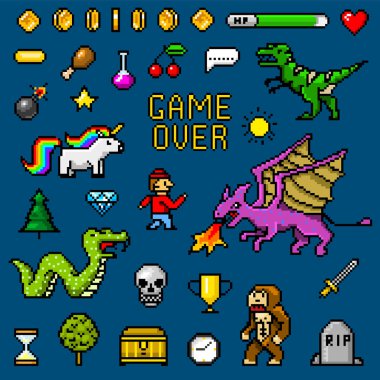 Pixel art 8 bit objects. Retro game assets. Set of icons. Vintage computer video arcades. Characters dinosaur pony rainbow unicorn snake dragon monkey and coins, Winners trophy. Vector illustration. clipart