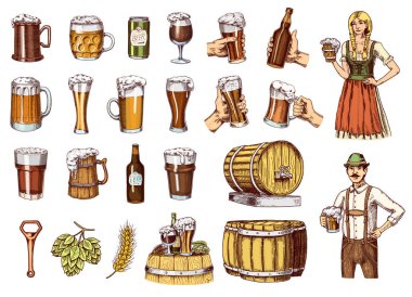 Bira cam, kupa veya oktoberfest şişe kümesidir. Alkollü içki. Mürekkeple el çekilmiş eski kroki ve Vintage tarzı web, parti davetiyeler veya pub menü için oyulmuş. İzole öğeleri.
