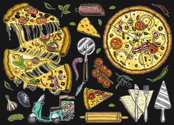 Pizza sajttal halmaza. Finom olasz vegetáriánus ételek paradicsom, tenger gyümölcsei, olajbogyó. Összetevőket a főzéshez és motorkerékpár szállítás. Éttermi menü vázlat. Kézzel rajzolt Vintage stílusú. — Stock Vector