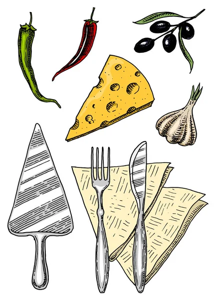 Set von Pizza und Zutaten zum Kochen. Spatelservietten Knoblauch Oliven Pfeffer. handgezeichnete Vorlage für die Speisekarte des Restaurants. Vintage Sketch Doodle Stil. — Stockvektor