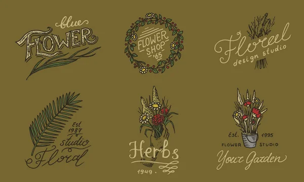 Blumengeschäft Embleme und helles Logo. Jahrgangsstrauß. Gartenschilder und Beauty-Retro-Label. Handgezeichnete Abzeichen. Vorlage: Blumenhochzeit. — Stockvektor