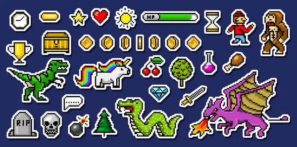 stock vector Pixel art 8 bit objects. Retro game assets. Set of icons. vintage computer video arcades. characters dinosaur pony rainbow unicorn snake dragon monkey and coins, Winners trophy. vector illustration.