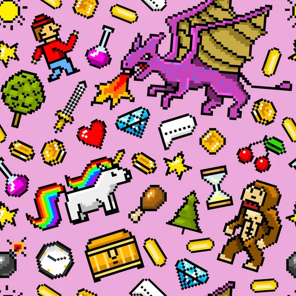 Pixel art 8 bit objects Seamless pattern. Retro game assets. Set of icons. Vintage computer video arcades. Characters dinosaur pony rainbow unicorn snake dragon monkey and coins, Winners trophy. — Stock Vector