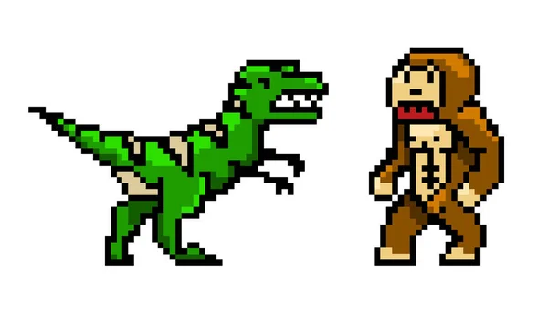Pixel Art 8 Bit Objekte. Figuren Dinosaurier und Affe. Retro-Spielvermögens. Reihe von Symbolen. Computervideoarkaden. Vektorillustration. — Stockvektor