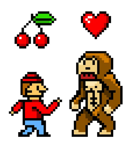 Pixel Art 8 Bit Objekte. Charakter Affenkirsche und Herz. Retro-Spielvermögens. Reihe von Symbolen. Computervideoarkaden. Vektorillustration. — Stockvektor