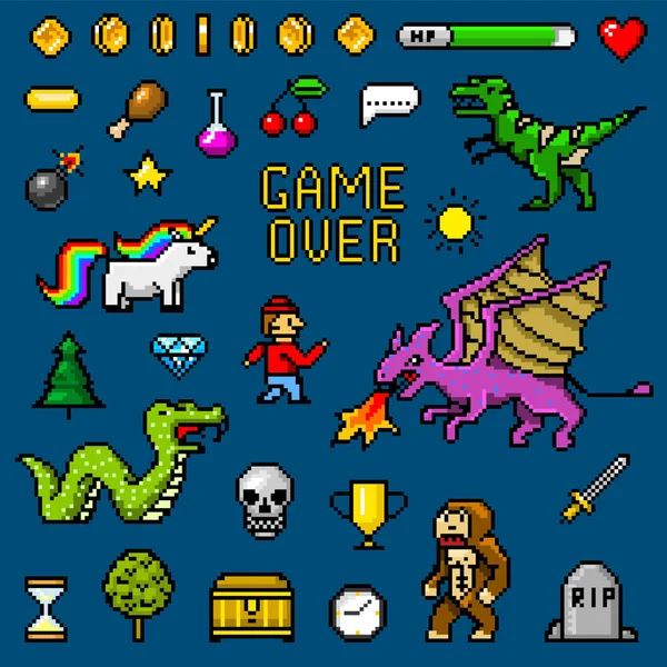 8 bit pixel kunstobjecten. Retro game activa. Set van pictogrammen. Vintage computer video arcades. tekens dinosaurus pony regenboog unicorn slang dragon monkey en munten, winnaars trofee. vectorillustratie. — Stockvector