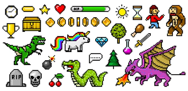 Pixel art 8 bit objects. Retro game assets. Set of icons. Vintage computer video arcades. Characters dinosaur pony rainbow unicorn snake dragon monkey and coins, Winners trophy. Vector illustration. — Stock Vector