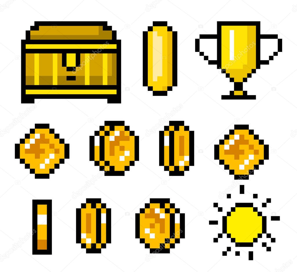 Pixel art 8 bit objects. Retro game assets. Set of icons. vintage computer video arcades. Coins and trophy. vector illustration.