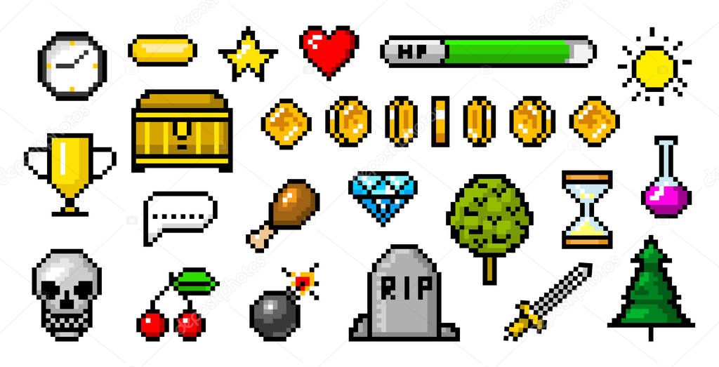 Pixel art 8 bit objects. Retro game assets. Set of icons. Vintage computer video arcades. Coins and Winners trophy. Vector illustration.