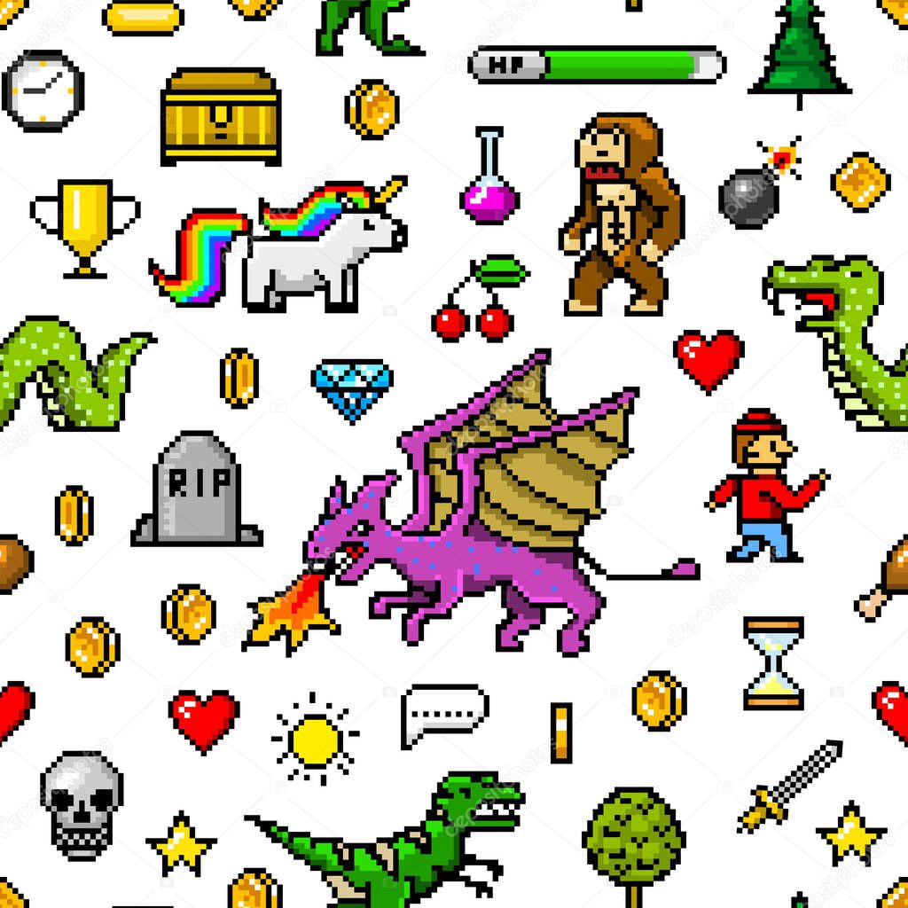 Pixel art 8 bit objects Seamless pattern. Retro game assets. Set of icons. Vintage computer video arcades. Characters dinosaur pony rainbow unicorn snake dragon monkey and coins, Winners trophy.