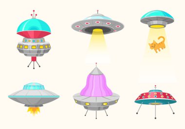 Uzaylı uzay gemileri, dizi Ufo tanımlanamayan uçan nesne, fantastik roketler, evrenin uzayda kozmik spacecrafts. Resimde beyaz arka plan üzerinde vektör. GUI öğeleri. Düz oyun, karikatür tarzı.